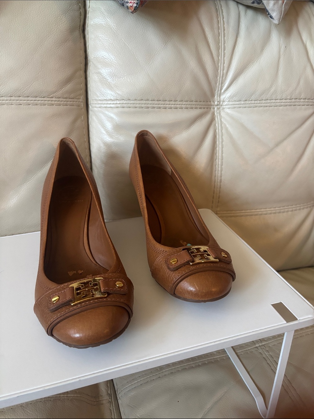 Tory Burch Tan Leather Low Heel Pumps with Gold Logo